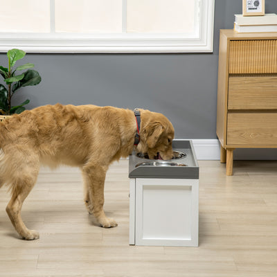 PawHut Stainless Steel Raised Dog Bowls, with 21L Storage Drawer for Large Dogs and Cats - White 