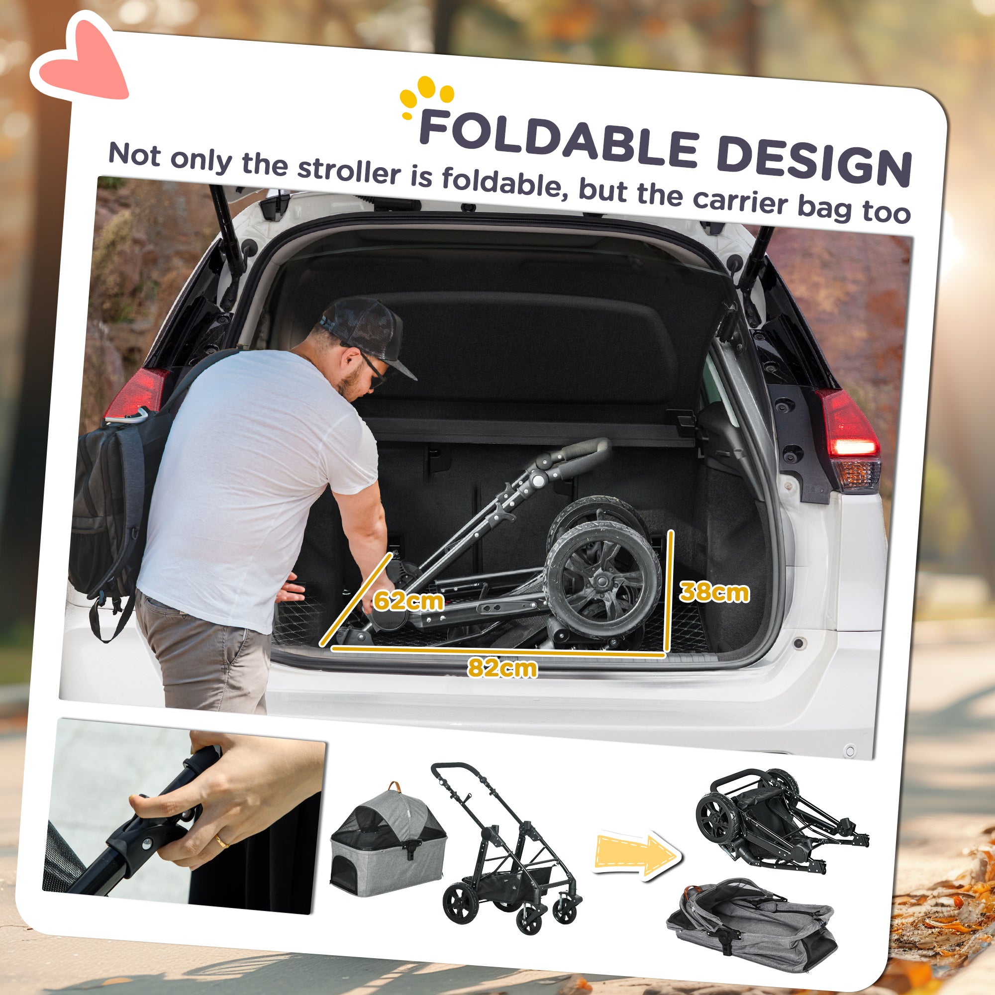 PawHut Dog Pram Pet Stroller for Small Dogs Cats, Foldable Dog Pushchair Trolley with Detachable Pet Carrier Bag, Shock Absorber, Adjustable Handlebar, Grey 
