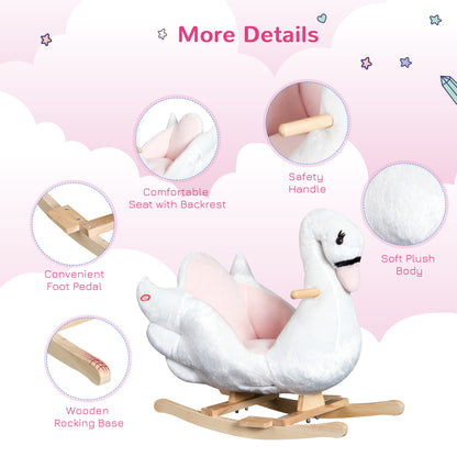 HOMCOM Kids Rocking Horse Plush Ride On Swan Toy w/ Safety Seat for Toddler 18 Months +, White and Pink 