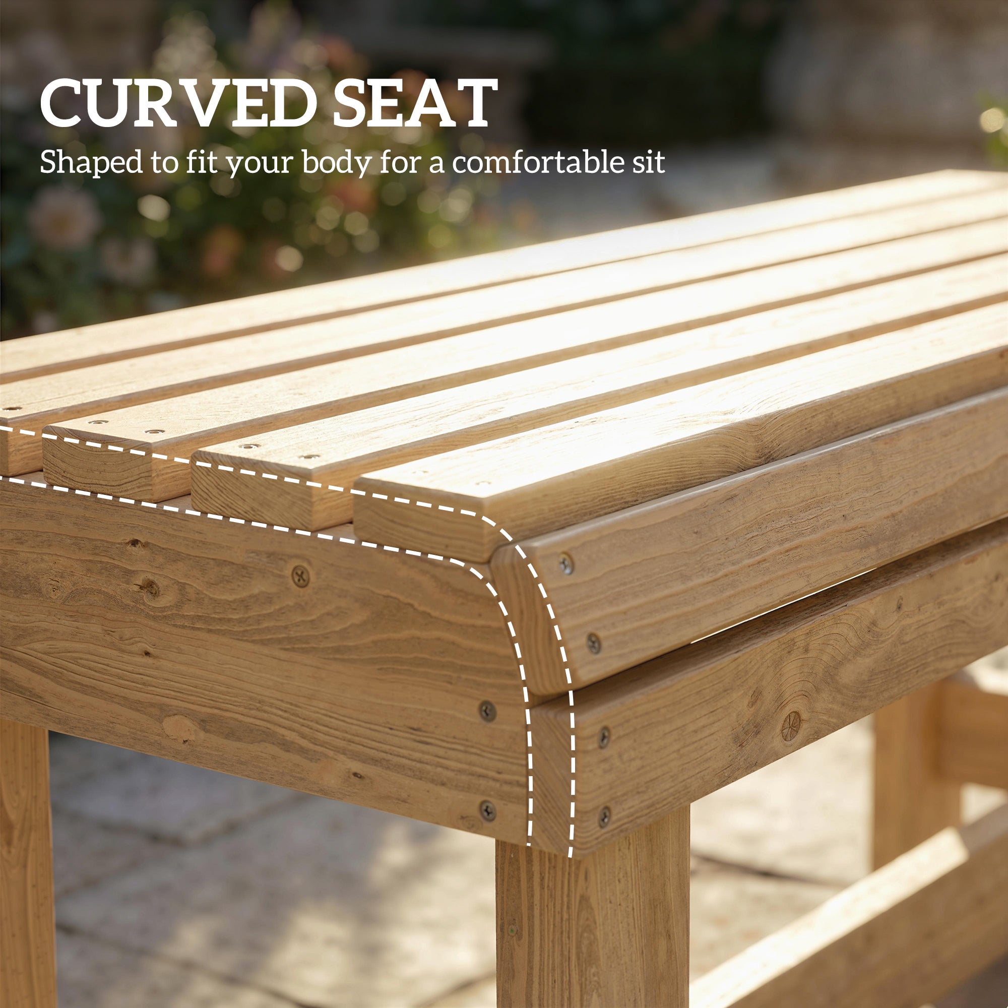 Outsunny Wooden Outdoor Bench, 2 Seater Garden Bench, Backless Patio Bench with Slatted Curved Seat, Natural Wood Finish 