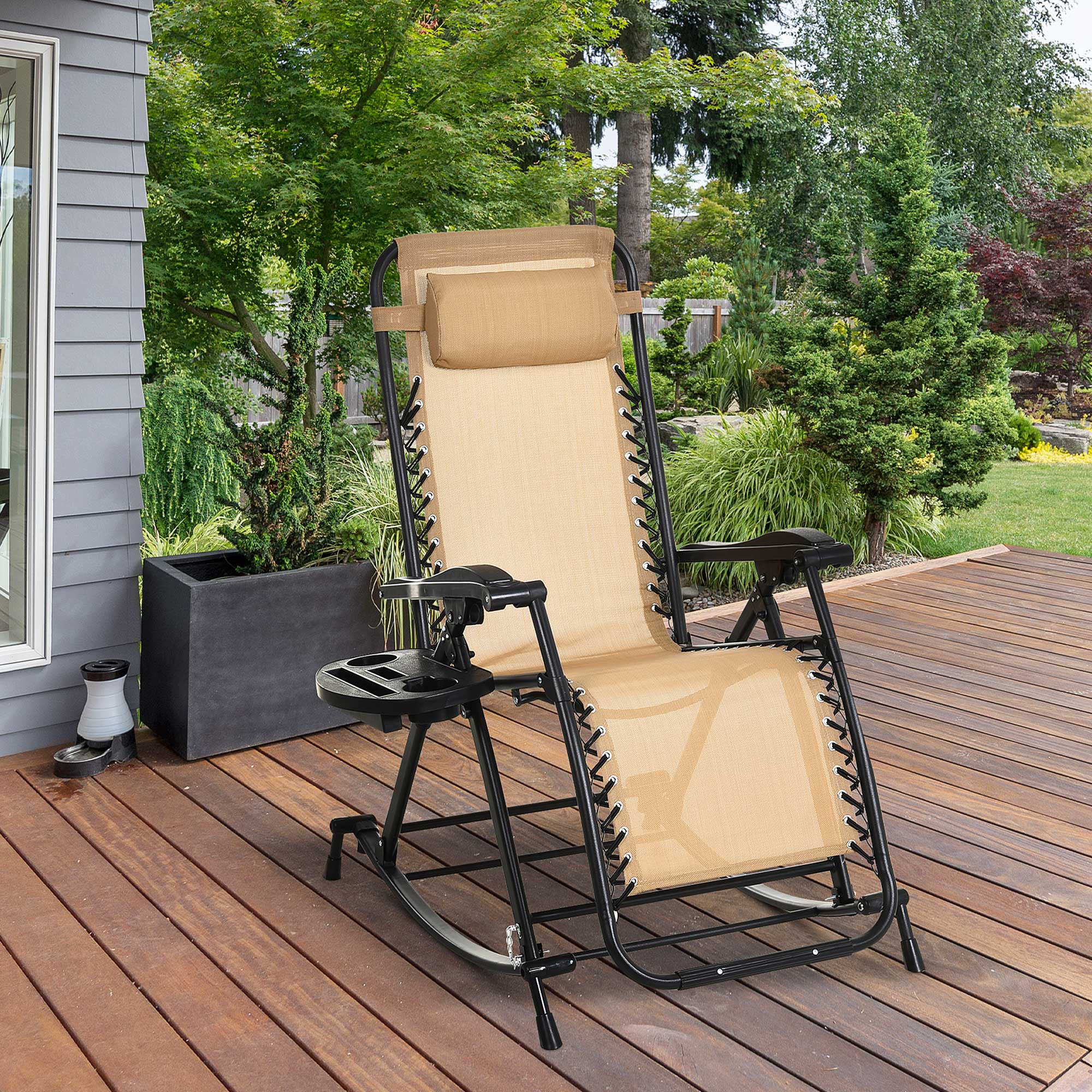 Outsunny Garden Rocking Chair Folding Recliner Outdoor Adjustable Sun Lounger Rocker Zero-Gravity Seat with Headrest Side Holder Patio Deck - Beige 