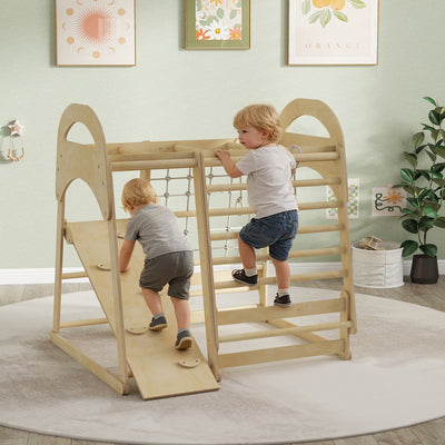 AIYAPLAY 6 in 1 Kids Climbing Frame with Slide, Monkey Bars, Gymnastics Rings, Ladder, Climbing Net, for 3-6 Years, Natural Tone 