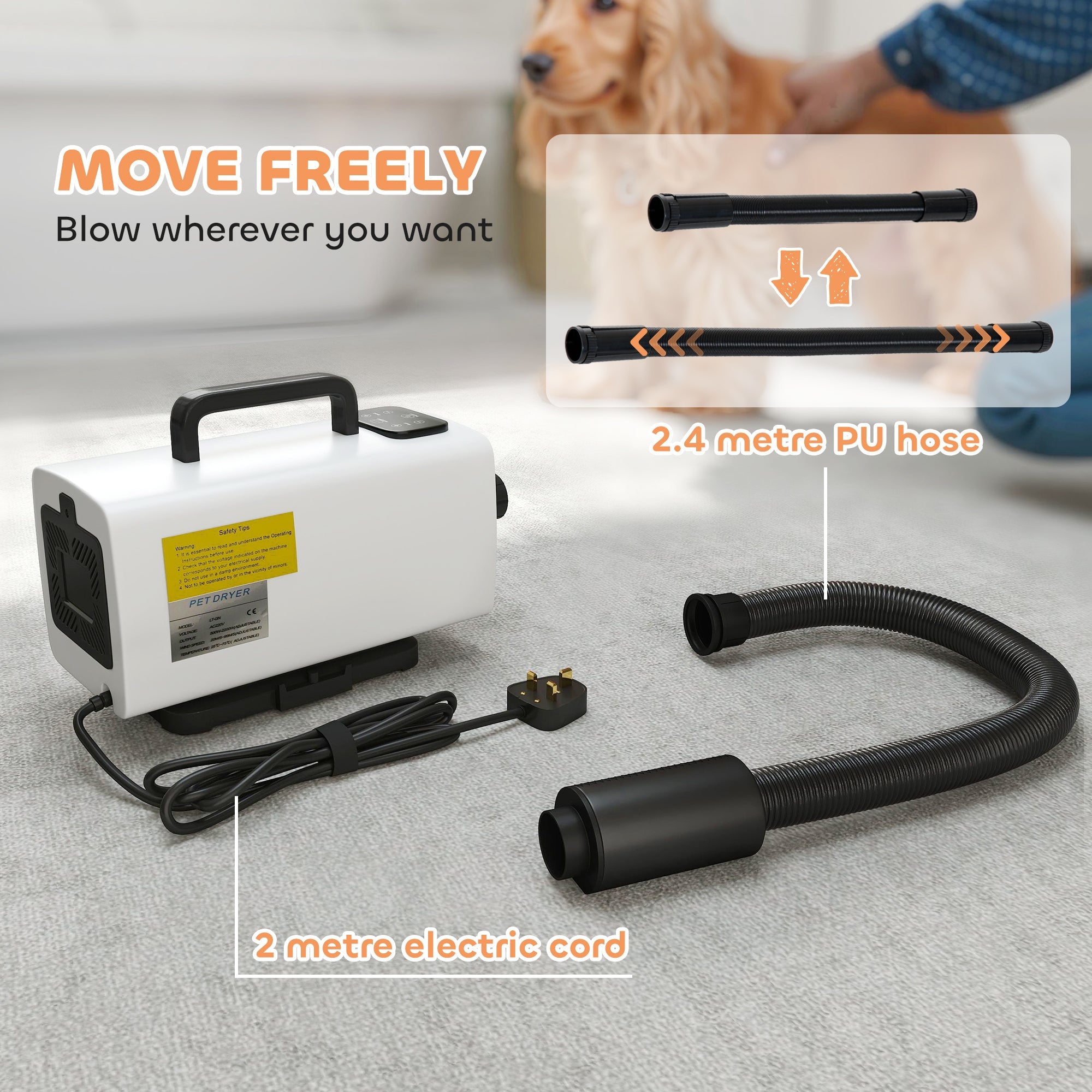 PawHut 2200W Dog Hair Dryer with Auto Adjustable Temperature & Airflow, 3 Nozzles, Digital Screen, for Dogs Cats, White 