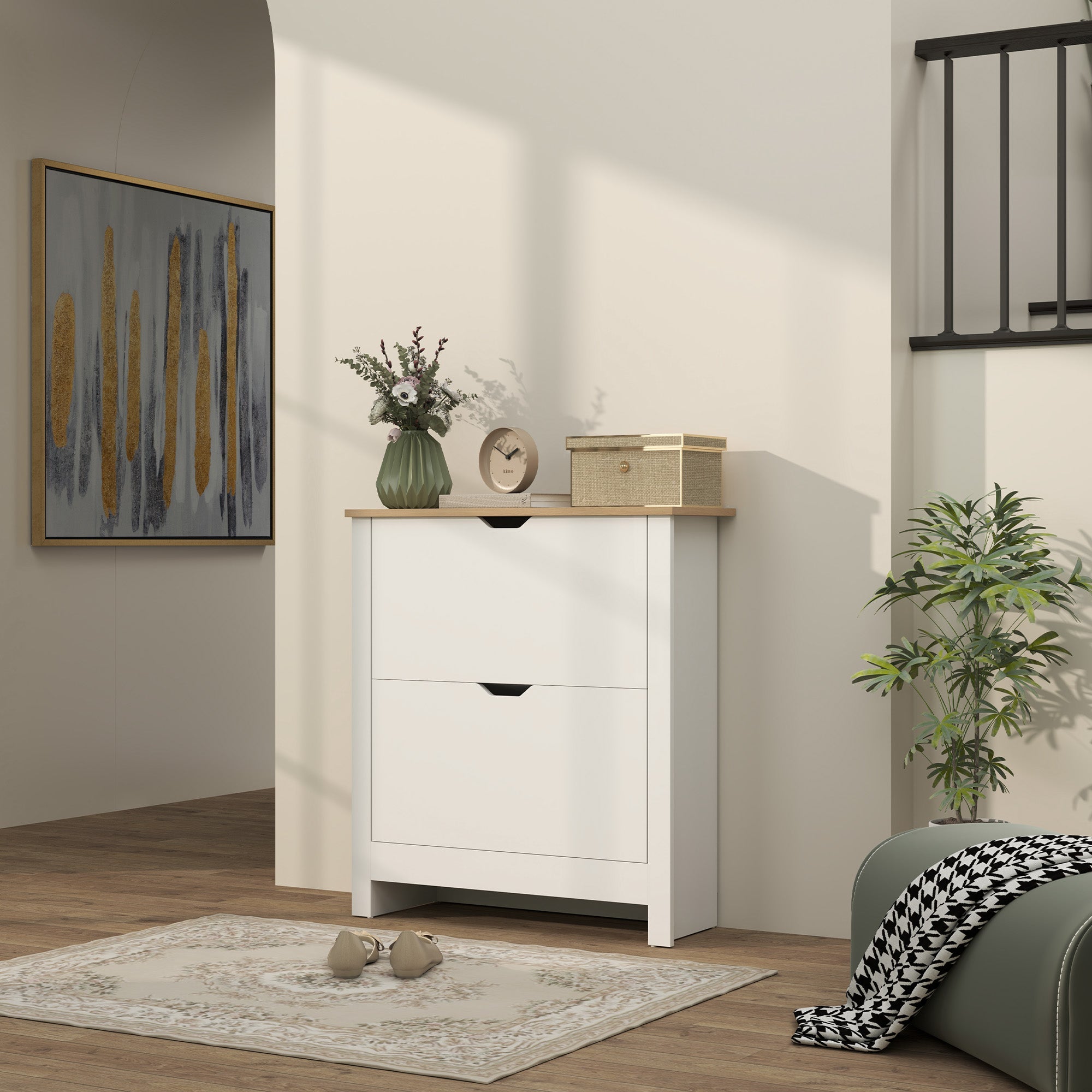 HOMCOM Slim Shoe Cabinet, Narrow Shoe Cupboard with 2 Flip Drawers, Adjustable Shelves for 12 Pairs of Shoes, High Gloss White 