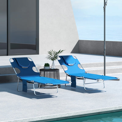 Outsunny Foldable Sun Lounger Set of 2 with Reading Hole, Portable Sun Lounger with 5 Level Adjustable Backrest, Reclining Lounge Chair with Side Pocket, Headrest Pillow, Blue 