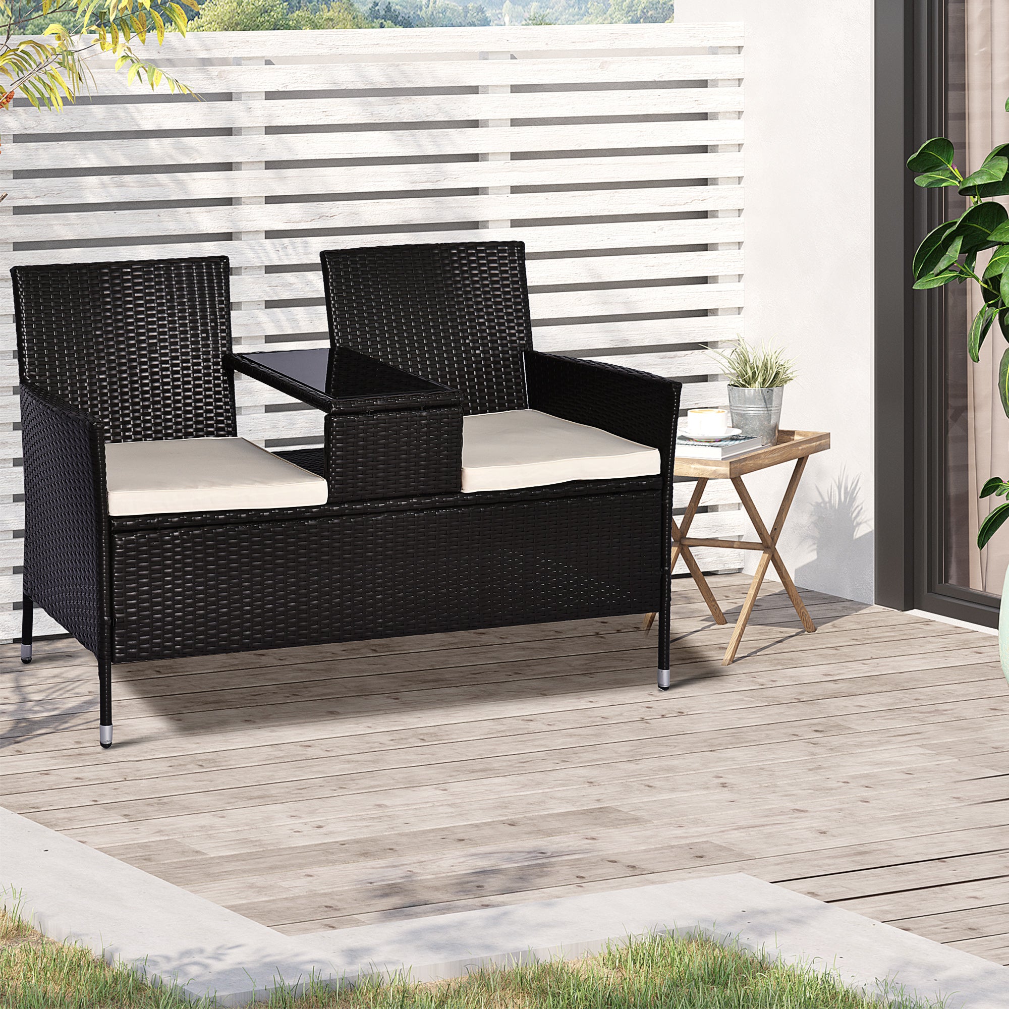 Outsunny 2 Seater Rattan Campanion Chair Wicker Loveseat Outdoor Patio Armchair with Drink Table Garden Furniture - Dark Brown 