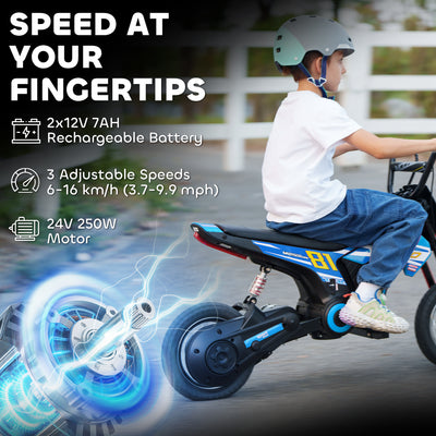 AIYAPLAY Kids Electric Motorbike, 24V Ride On Motorcycle with 3 Speeds and Rear Suspension, Dirt Bike for 8-12 Years Old, Blue 