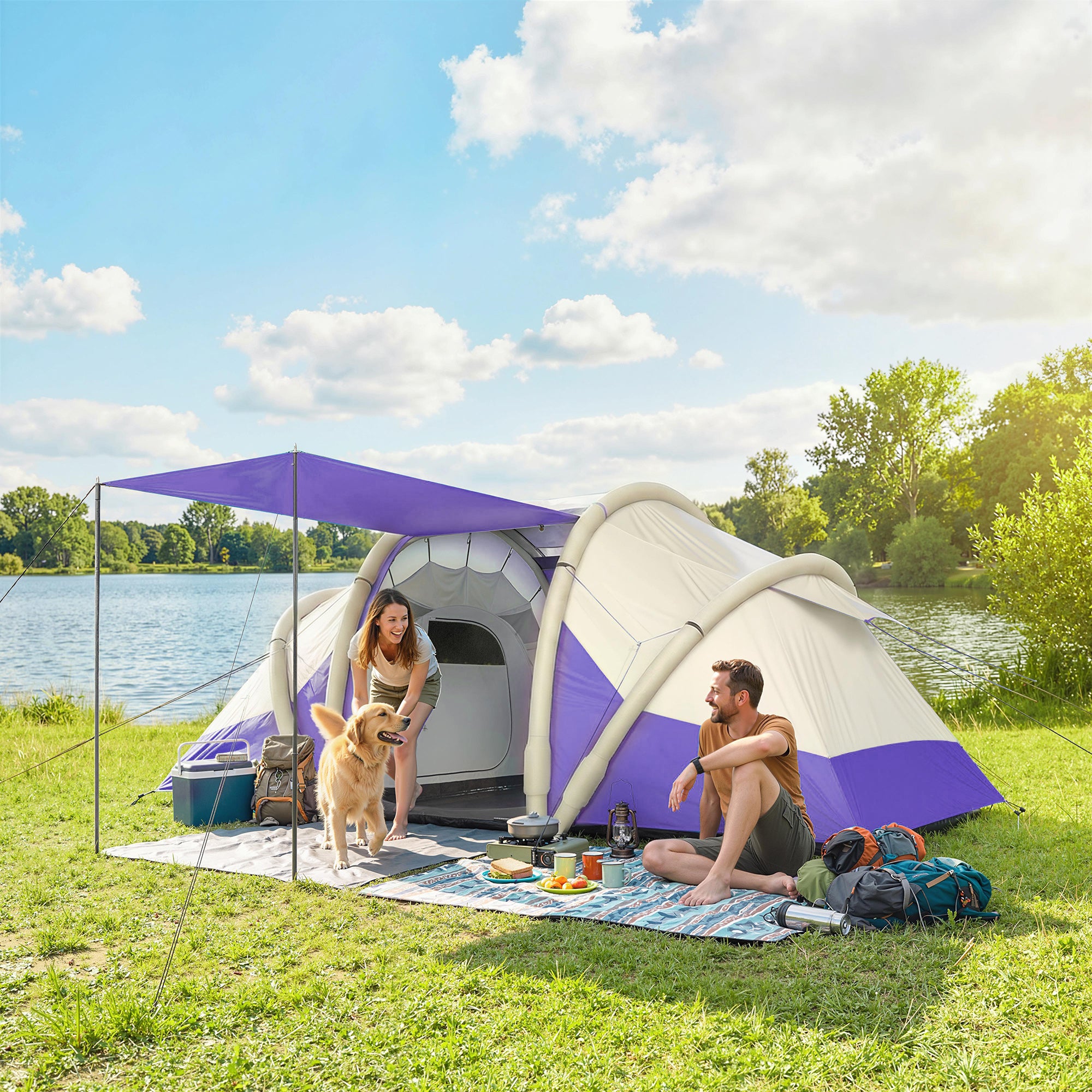 Outsunny Inflatable Tent 2 Bedroom 3000mm Waterproof Windproof Air Tent with Carry Bag for 4 Person 