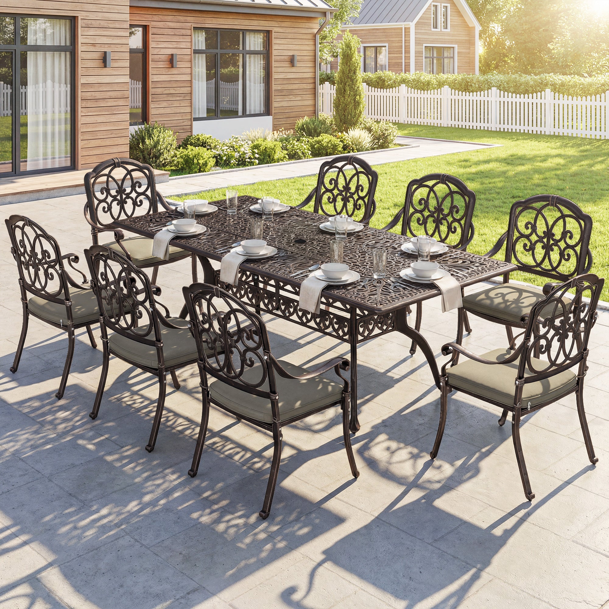 Outsunny 9 Piece Cast Aluminium Garden Dining Set, Garden Table and Chairs Set with Cushions, Parasol Hole for Patio, Bronze Tone 