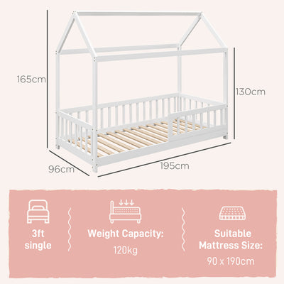 HOMCOM House-Shaped Kids Bed Frame with Safety Fence, Solid Pine Wood Single Bed Frame for Kids Boys and Girls 