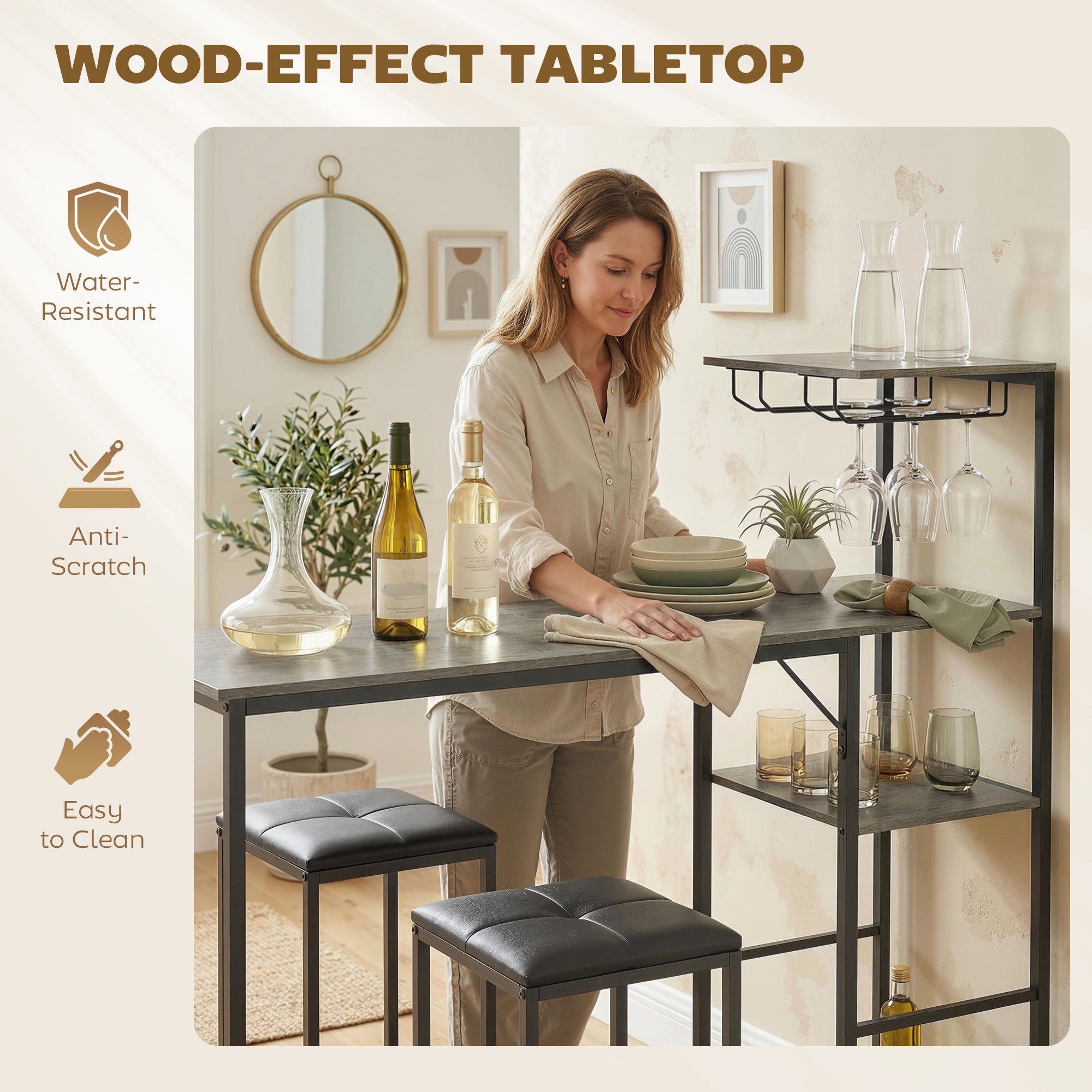 HOMCOM 3 Piece Breakfast Bar Table and Stools Set, Washed Grey 
