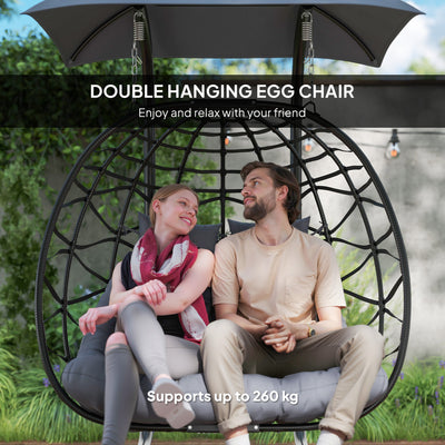 Outsunny Rattan Double Hanging Egg Chair with Canopy, Foldable Wicker Swing Egg Chair with Cushion, Head Pillows, Stand, Steel Frame, Hammock Chair for Indoor Outdoor, Capacity 260 kg, Black 
