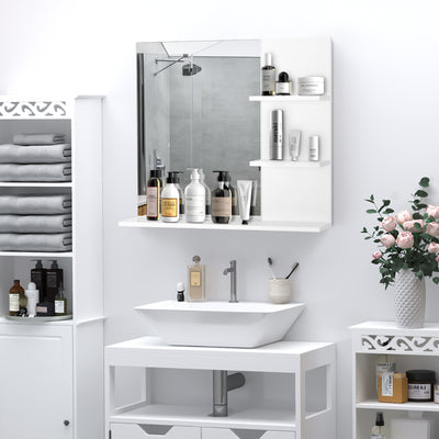 kleankin Modern Bathroom Mirror, Wall-mounted Vanity Mirror with 3 Tiers Storage Shelves for Make Up, White 
