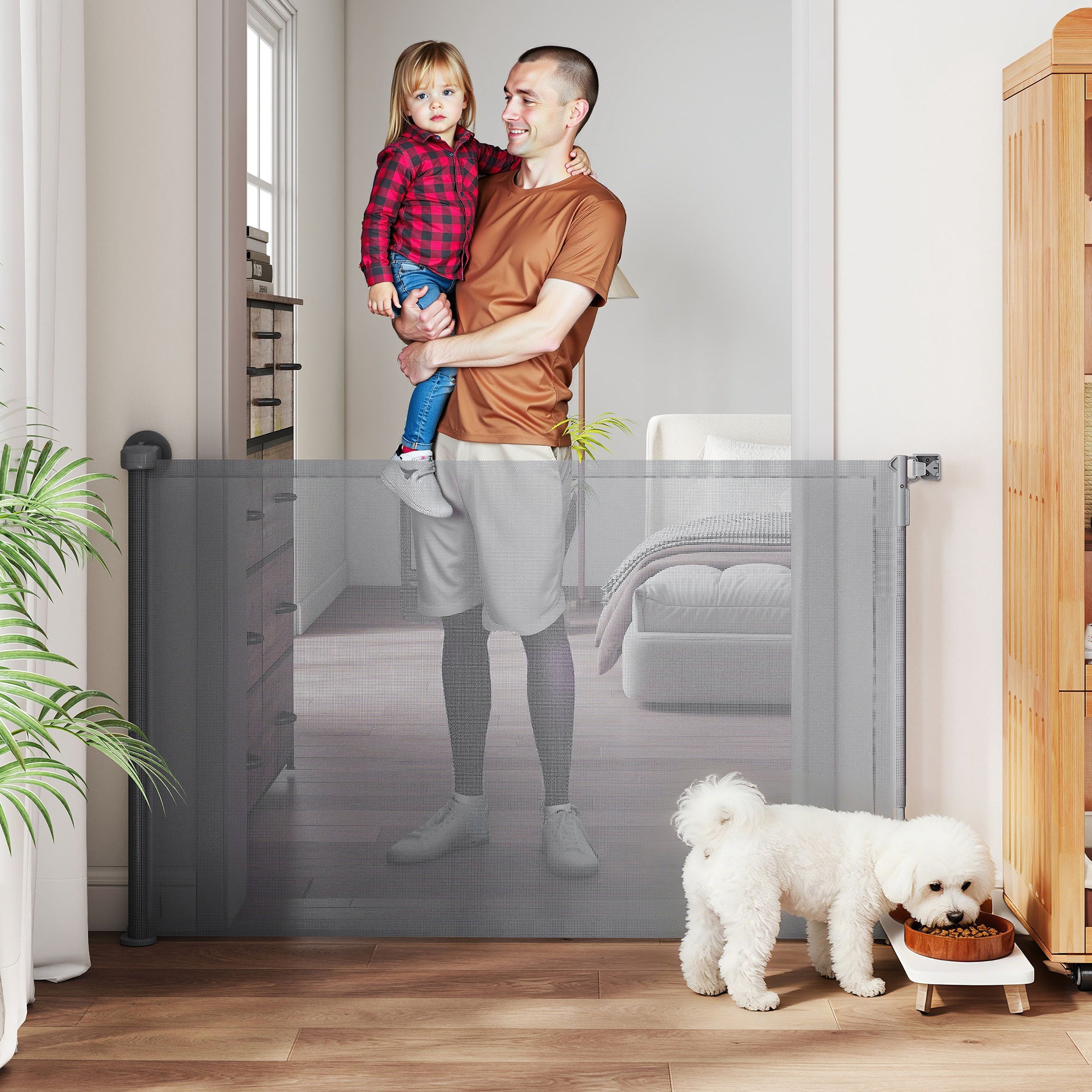 PawHut Retractable Dog Gate, Extends to 140 cm Wide & 93 cm Tall, Mesh Pet Gate with Single Hand Operation, for Stairs Doorways 
