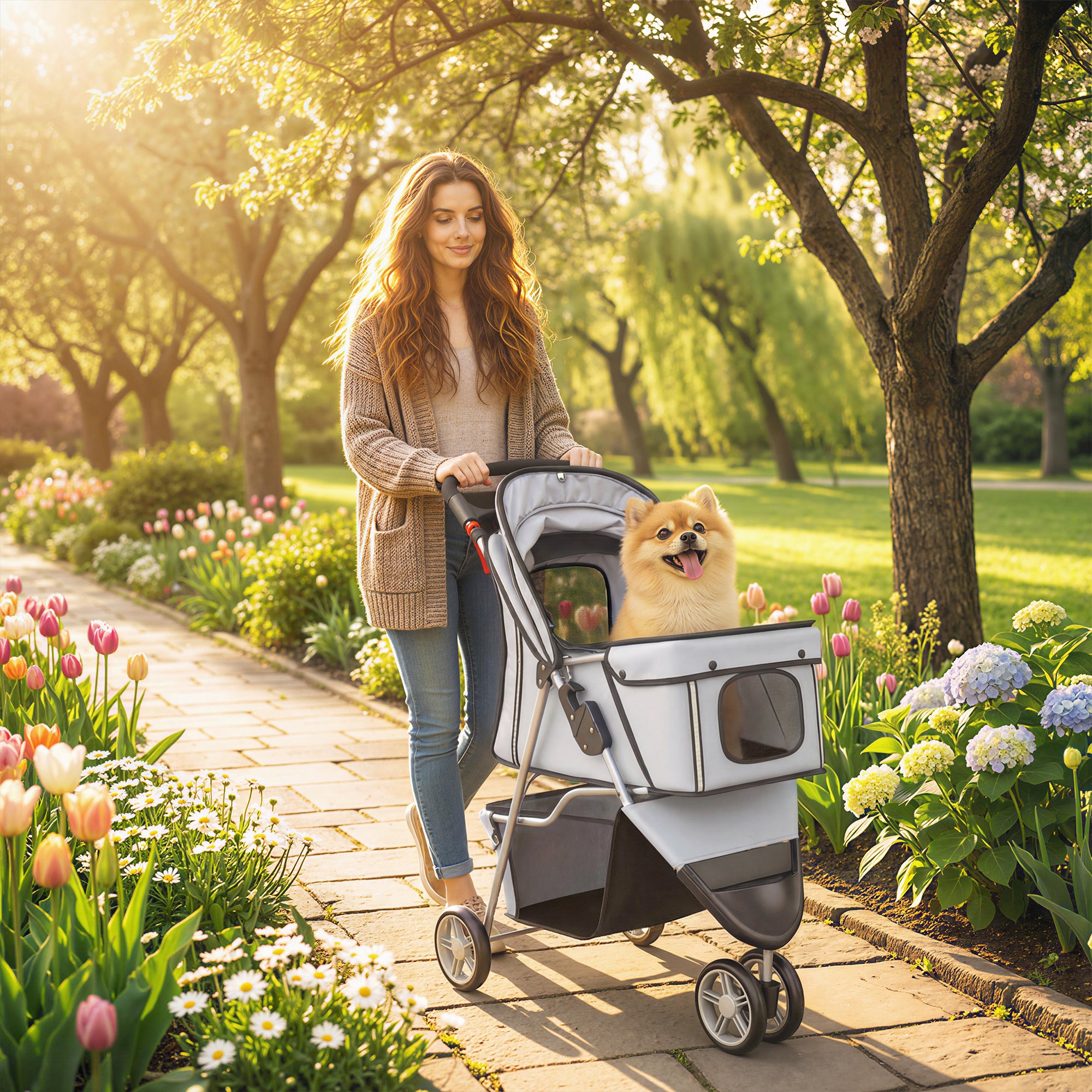 PawHut Dog Stroller, 3 Wheels Foldable Pet Stroller with Adjustable Canopy, Storage Basket for Small Mini Breeds, Grey 