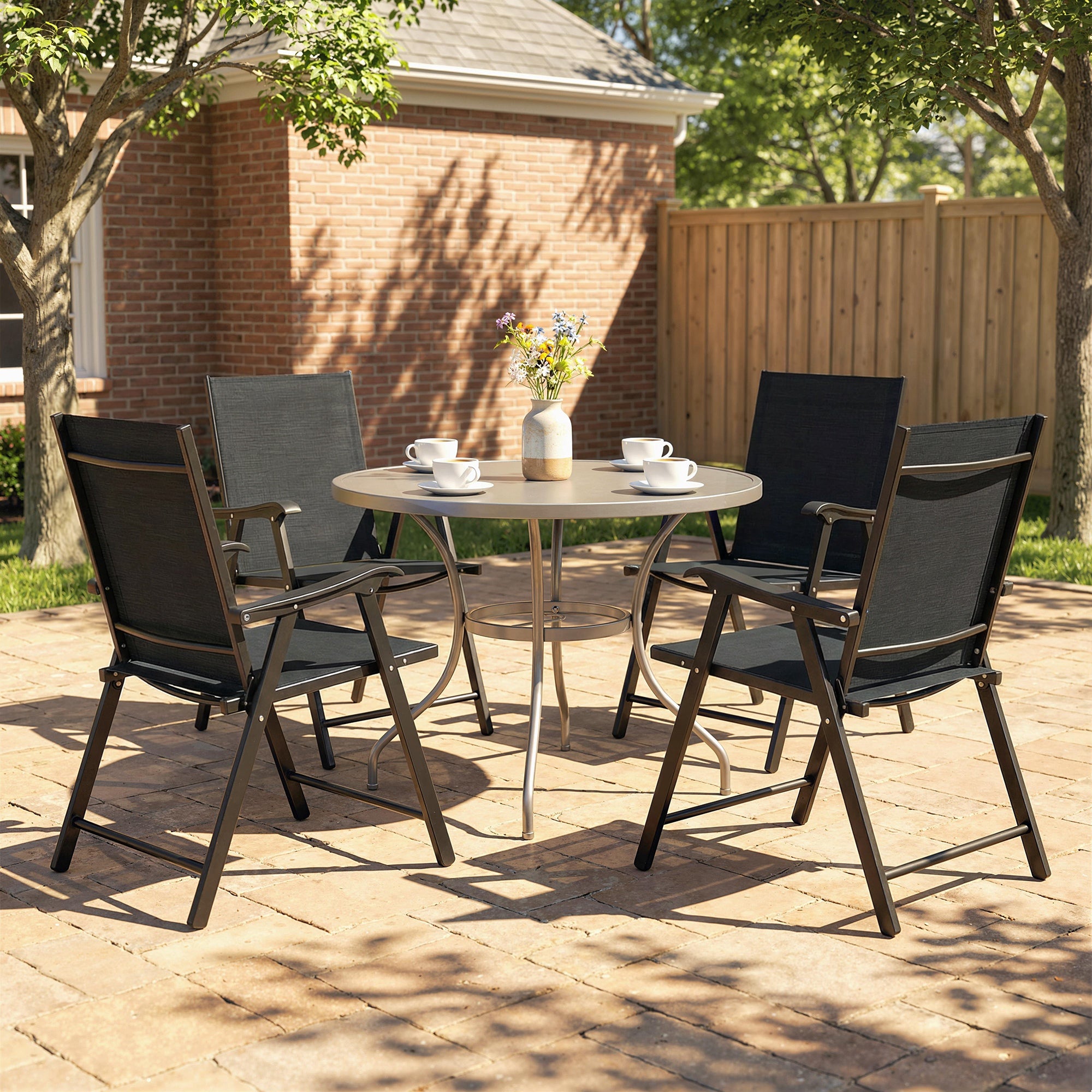 Outsunny Folding Garden Chairs Set of 4, Foldable Garden Dining Chairs with High Back, Armrests, Texteline Seat, Black 