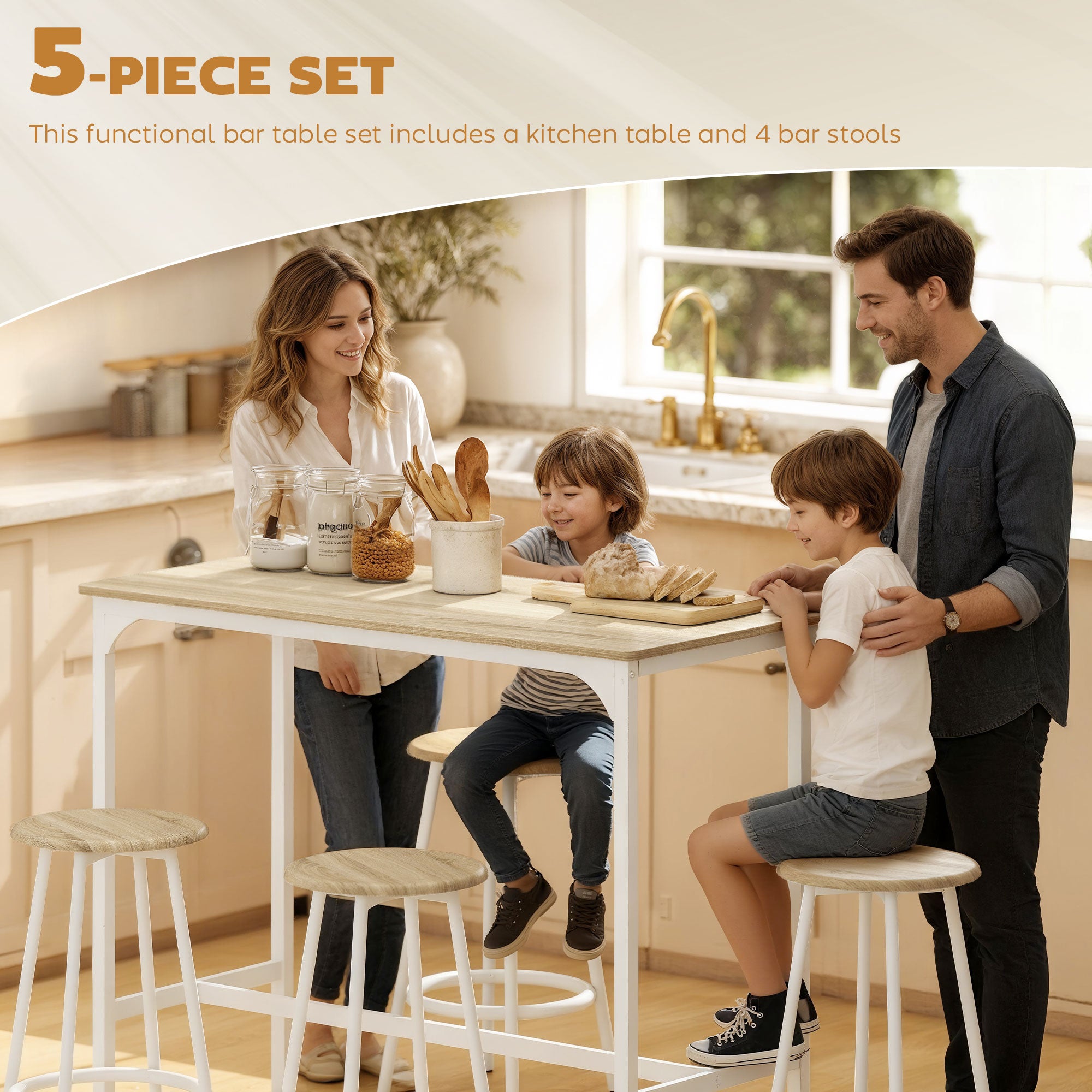 HOMCOM 5 Piece Bar Table Set for 4 with Stools, Metal Frame, Footrest for Kitchen Natural Wood 