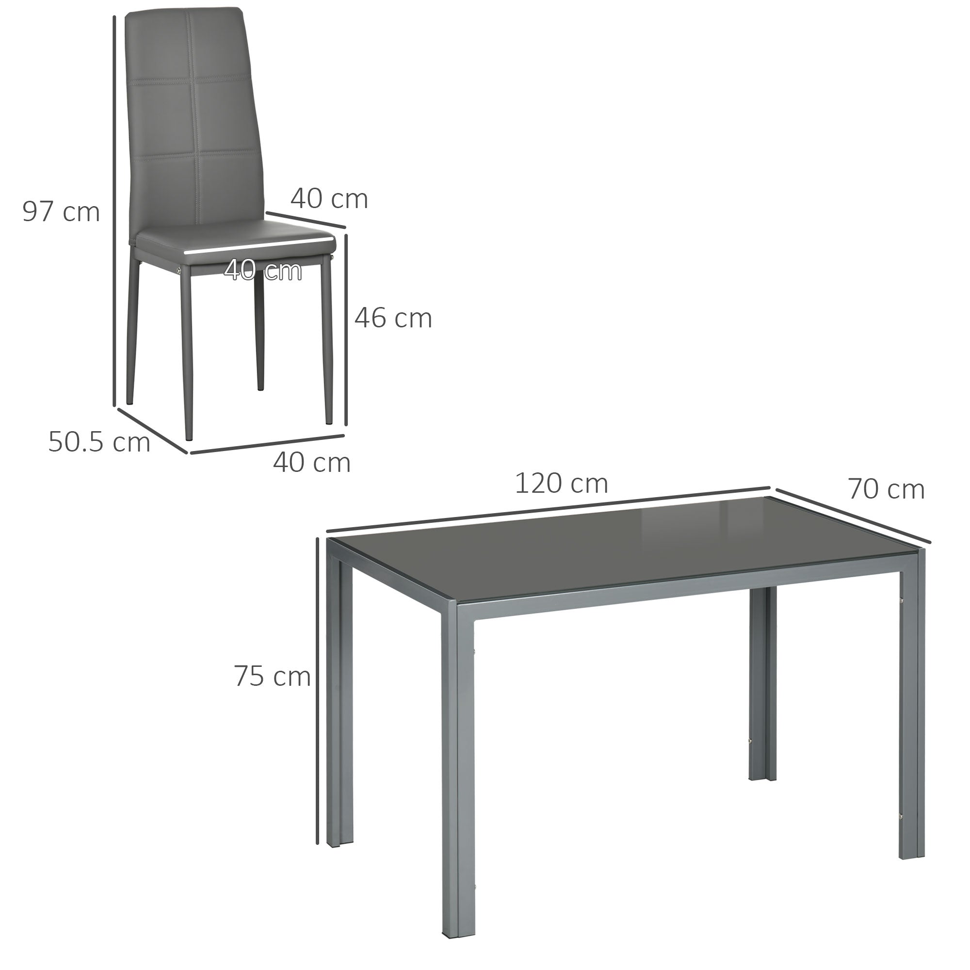 HOMCOM 5-Piece Kitchen Dining Table Set with 4 Faux Leather Metal Frame Chairs Glass Tabletop Desk for Dining Room, Kitchen, Dinette, Grey 
