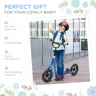 HOMCOM Kids Scooter Kick Scooter with 12" EVA Tyres, Rear Brake, Big Wheels Scooter for 5-12 Years Old, Blue 