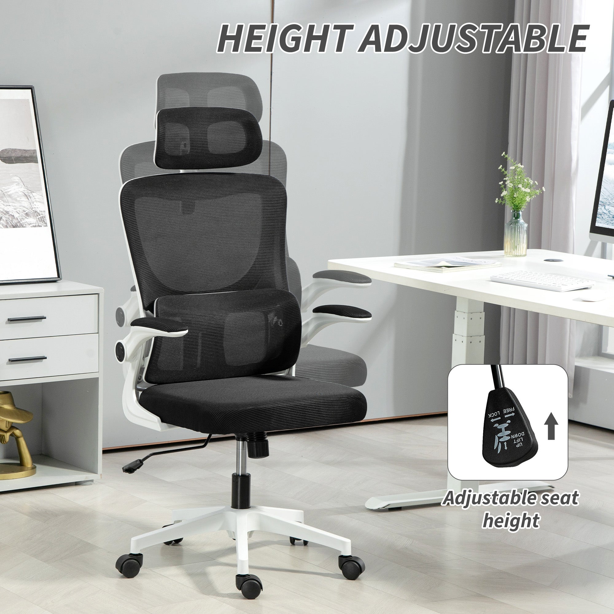 Vinsetto Ergonomic Office Chair, High Back Mesh Computer Desk Chair with Adjustable Headrest and Lumbar Support, Rotatable Armrests, Tilt Function for Home Office, Black 