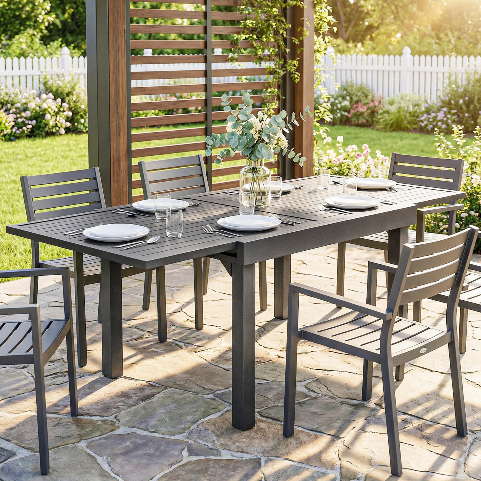 Outsunny Extending Garden Table for 4-8 People, Aluminium Outdoor Dining Table with Slatted Top, Dark Grey 
