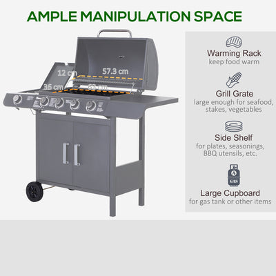 Outsunny 4+1 Burner Gas BBQ Grill, Outdoor Barbecue Trolley with Wheels, Warming Rack, Side Shelves, Cabinet, Thermometer for Garden, Party, Camping, 125 L x 51 W x 100 H cm, Grey 