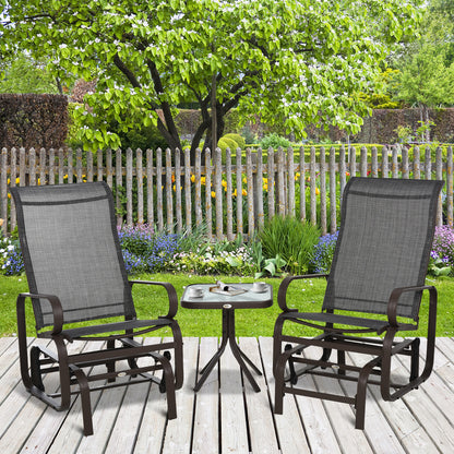 Outsunny 3 Pieces Garden Gliding Chair Set, Metal Frame 2 Single Armchair Swing Seater and 1 Glass Top Coffee Table w/ Breath Mesh Fabric Seat, Brown 