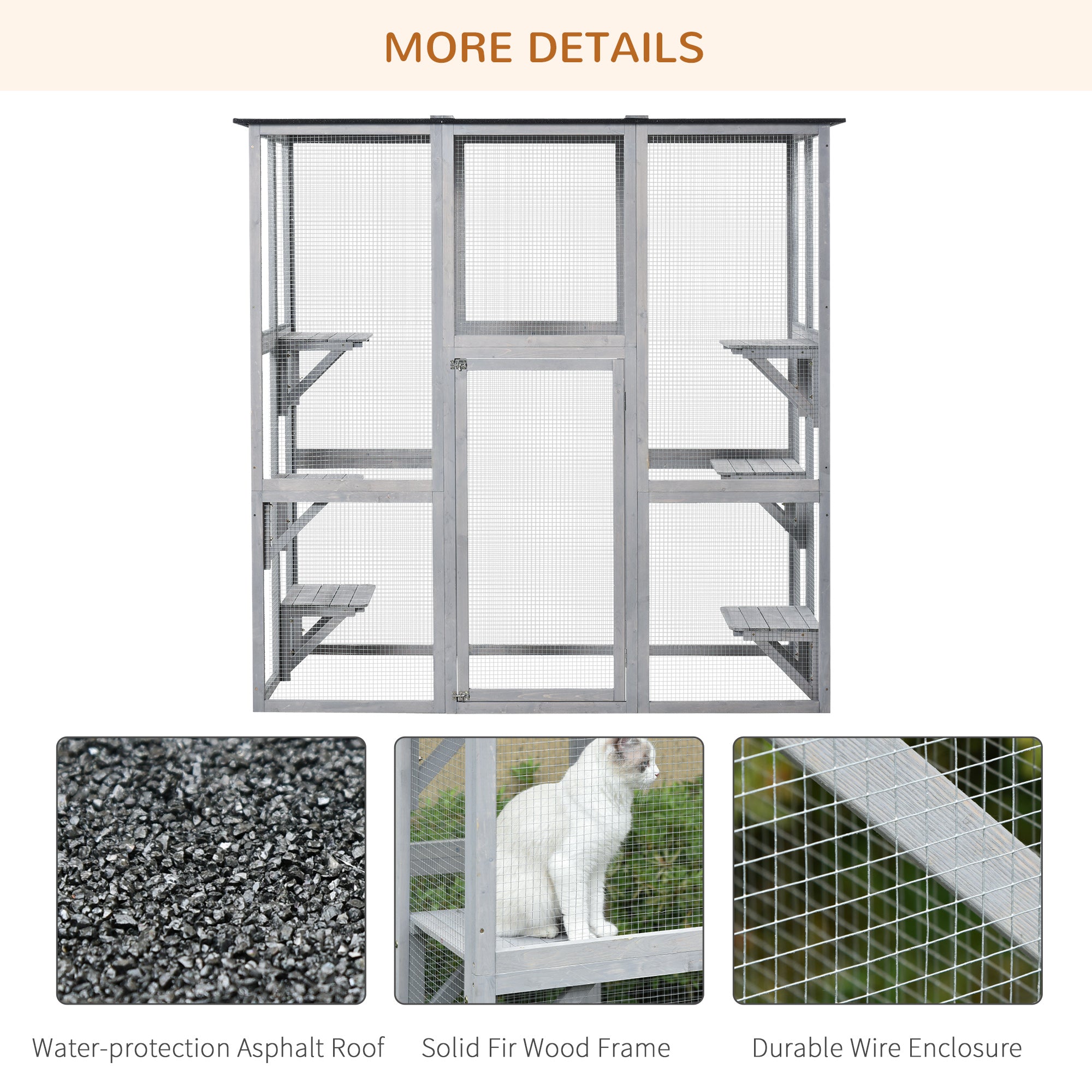 PawHut Wooden Catio Cat Outdoor Enclosure, Cat Cage with Waterproof Roof, Platforms, for Multiple Kittens, 180 x 98 x 180 cm 