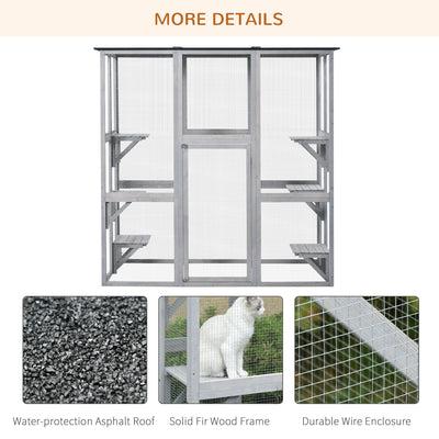 PawHut Wooden Catio Cat Outdoor Enclosure, Cat Cage with Waterproof Roof, Platforms, for Multiple Kittens, 180 x 98 x 180 cm 