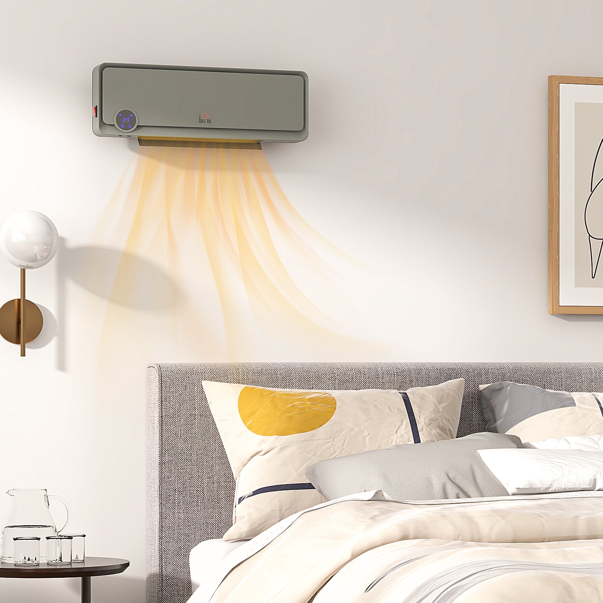 HOMCOM Wall Downflow Heater 2 Heat and Fan 1000W/2000W, Electric Space Heater with Timer Remote Oscillating, for Bedroom Home Office, Grey