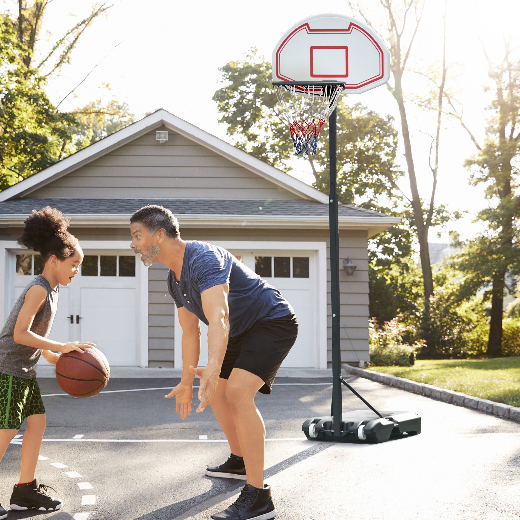 HOMCOM Portable Basketball Hoop Stand Freestanding Sports System Adjustable Height 1.55-2.1M on Wheels for Teenagers Adults, White 