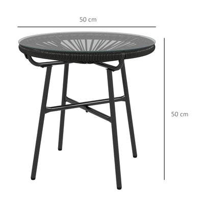 Outsunny Rattan Side Table, Round Outdoor Coffee Table, with Round PE Rattan and Tempered Glass Table Top for Patio, Garden, Balcony, Black 