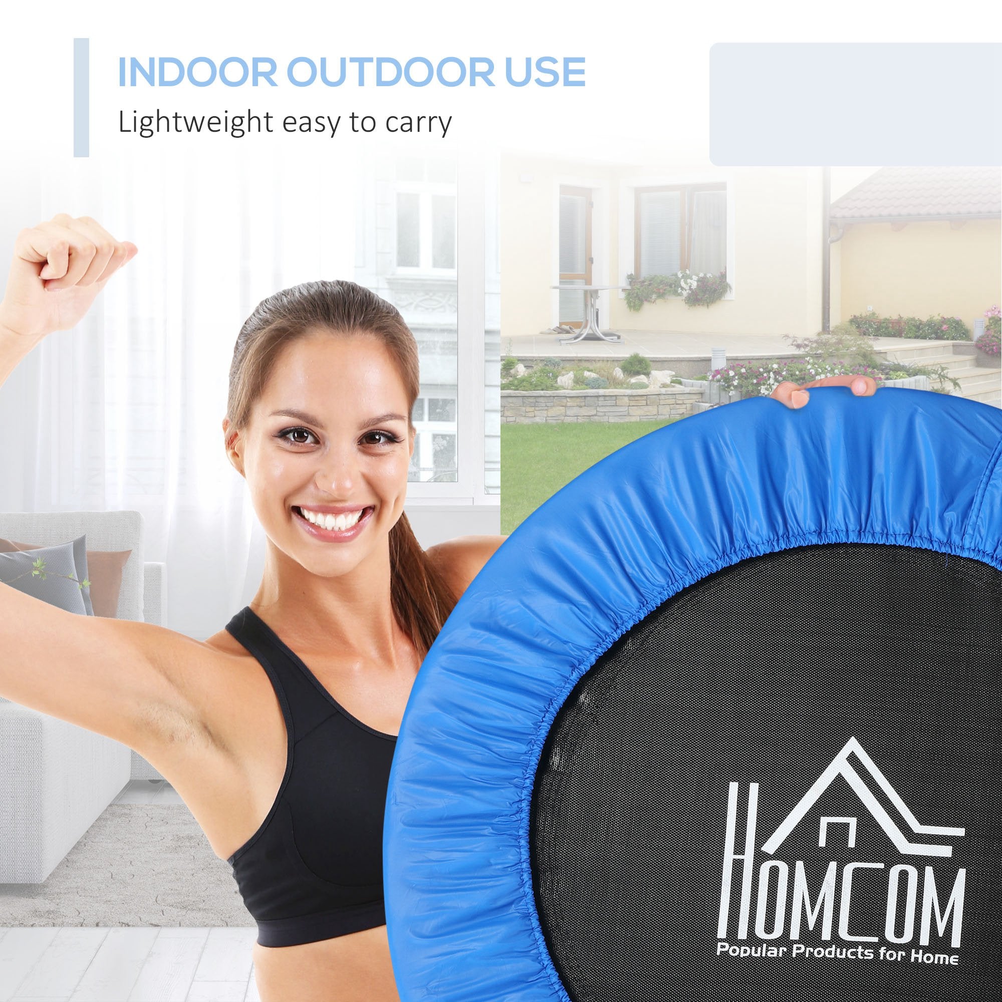 HOMCOM \'ce\'a696cm Mini Fitness Trampoline Home Gym Yoga Exercise Rebounder Indoor Outdoor Jumper with Safety Pad, Support Up to 100 KG, Blue and Black