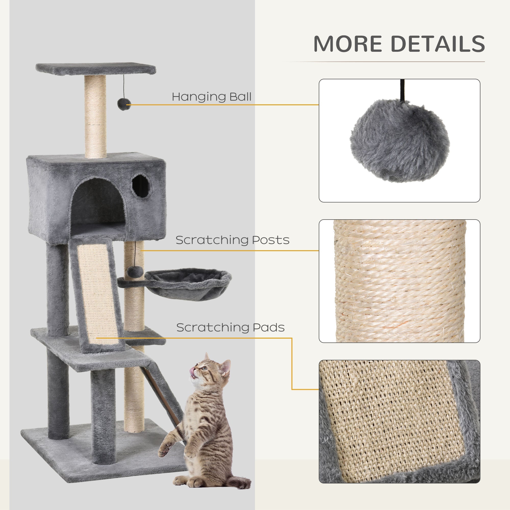 PawHut 130cm Cat Tree for Indoor Cats Activity Center with Condo Scratching Post Ladders Kitty Climbing Tower Relaxing Playing 