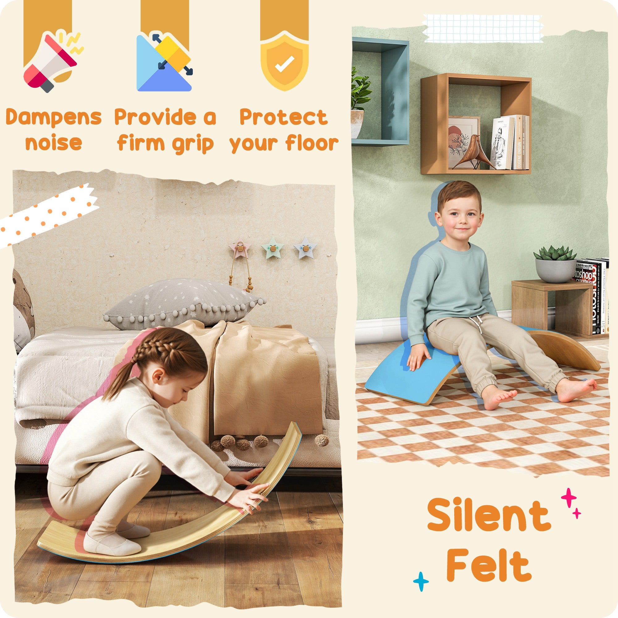 AIYAPLAY Wooden Balance Board for Kids, Wobble Board with Silent Felt for Sensory Play, Blue 
