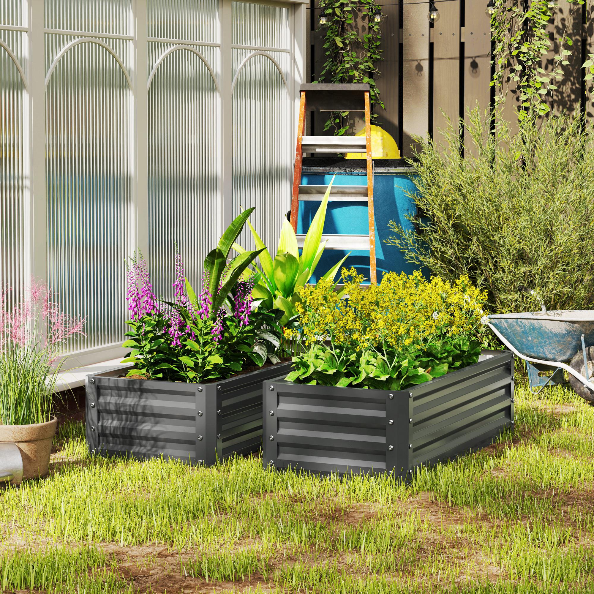 Outsunny Set of Two 110 x 50cm Steel Planter Boxes -  Light Grey 