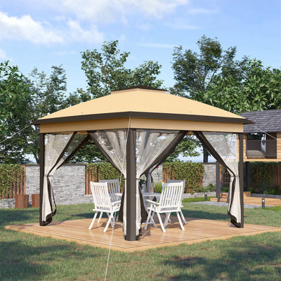 Outsunny 3.3 x 3.3m Pop Up Gazebo, Double Roof Foldable Canopy Tent with Zipped Mesh Sidewalls, Height Adjustable and Carrying Bag, Event Tent for Patio Garden, Beige 
