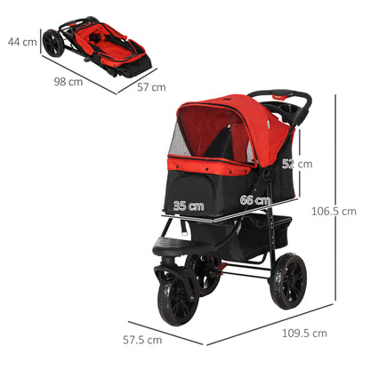 PawHut Dog Pram Dog Stroller Pet Stroller, 3 Wheels Dog Pushchair with Brake, for Small Miniature Dogs, Cats, Red 