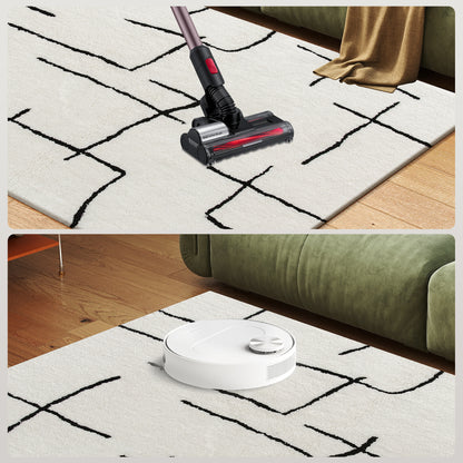 HOMCOM Modern Fluffy Area Rug, Geometric Pattern Washable Rug, Soft High Pile Floor Carpet for Living Room, Bedroom, Dining Room, Home Office, 170 x 120 cm, Cream