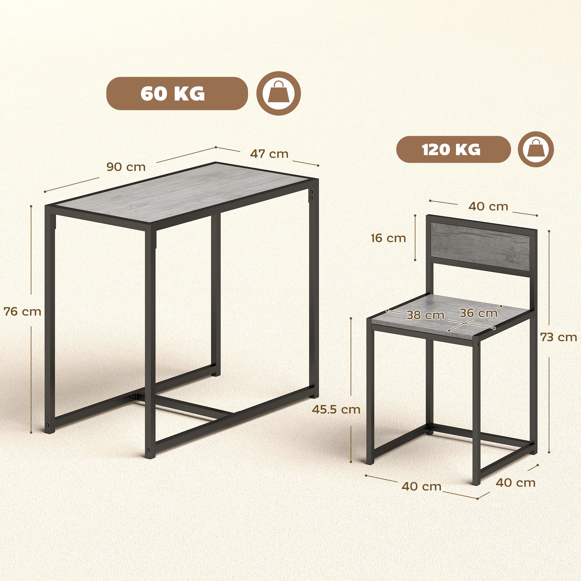 HOMCOM 3 Piece Table Stool Set - Charcoal Grey Wood-Effect 