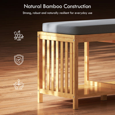 HOMCOM Bamboo Shoe Bench, Entryway Storage Bench with Padded Cushion and Open Shelf, Natural Wood Finish 