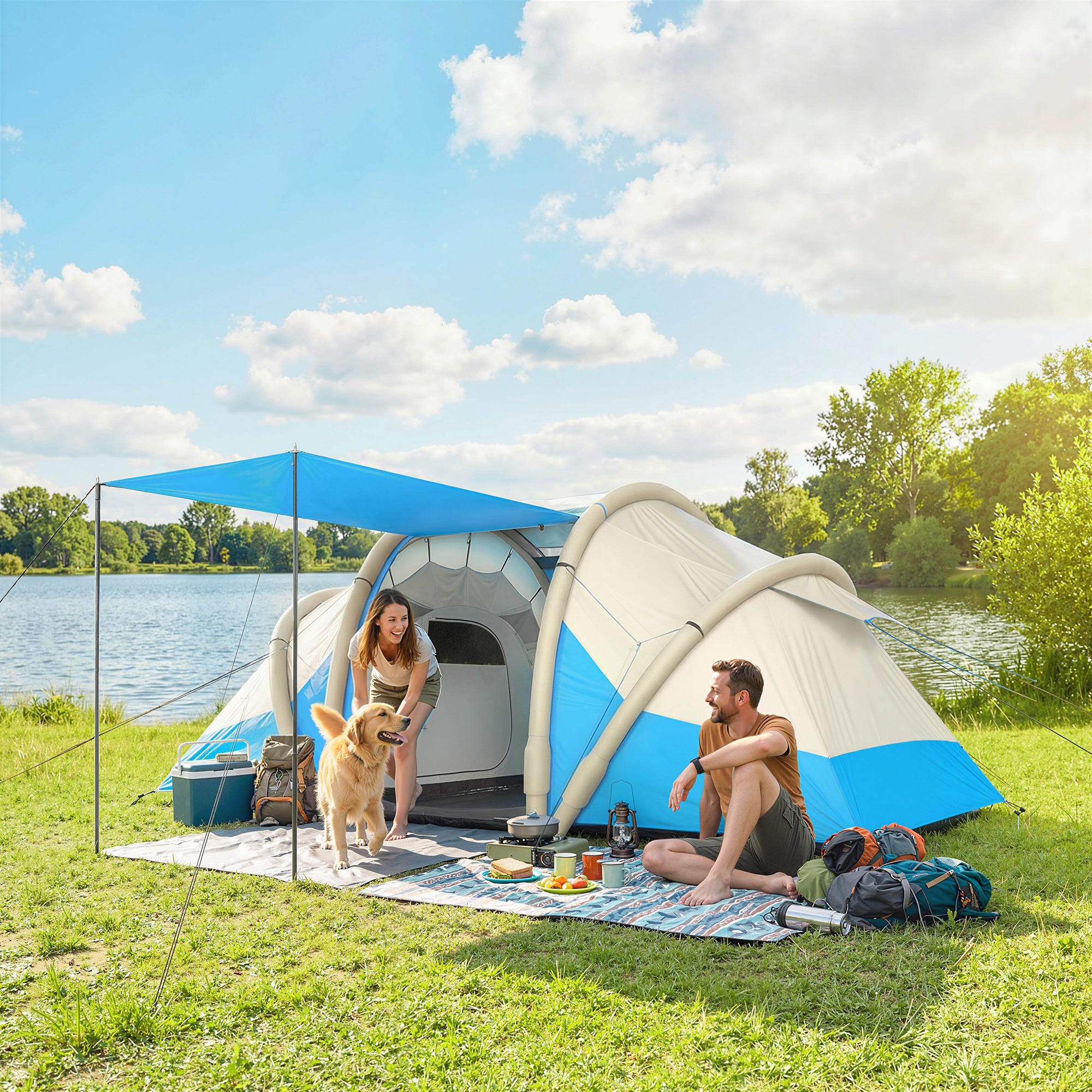 Outsunny Inflatable Tent 2 Bedroom 3000mm Waterproof Windproof Air Tent with Carry Bag for 4 Person 