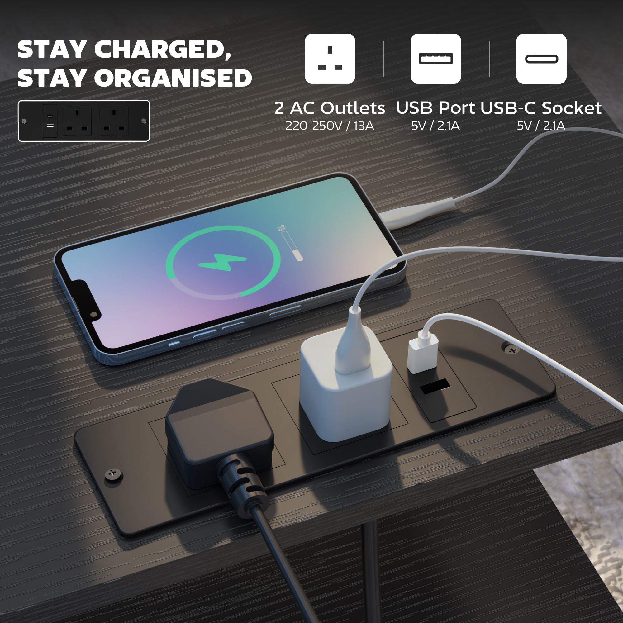 HOMCOM Bedside Table with Charging Station - Black 