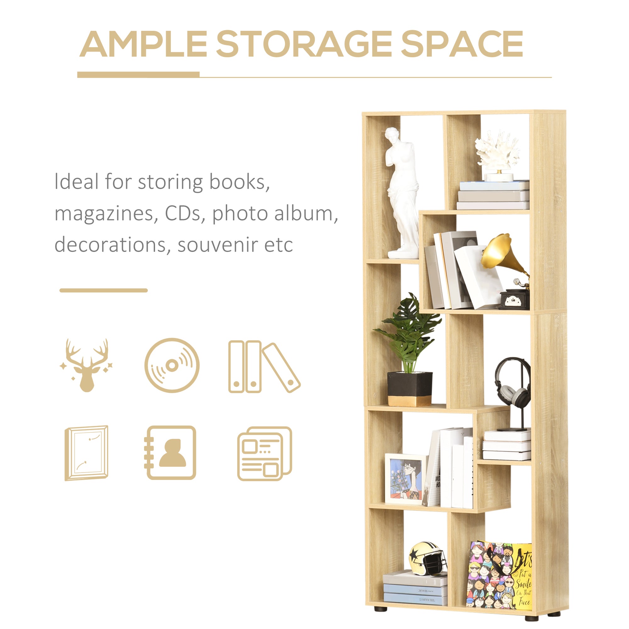 HOMCOM 8-Tier Freestanding Bookcase w/ Melamine Surface Anti-Tipping Foot Pads Home Display Storage Grid Stand Bedroom Living Room Furniture Modern Style - Natural 