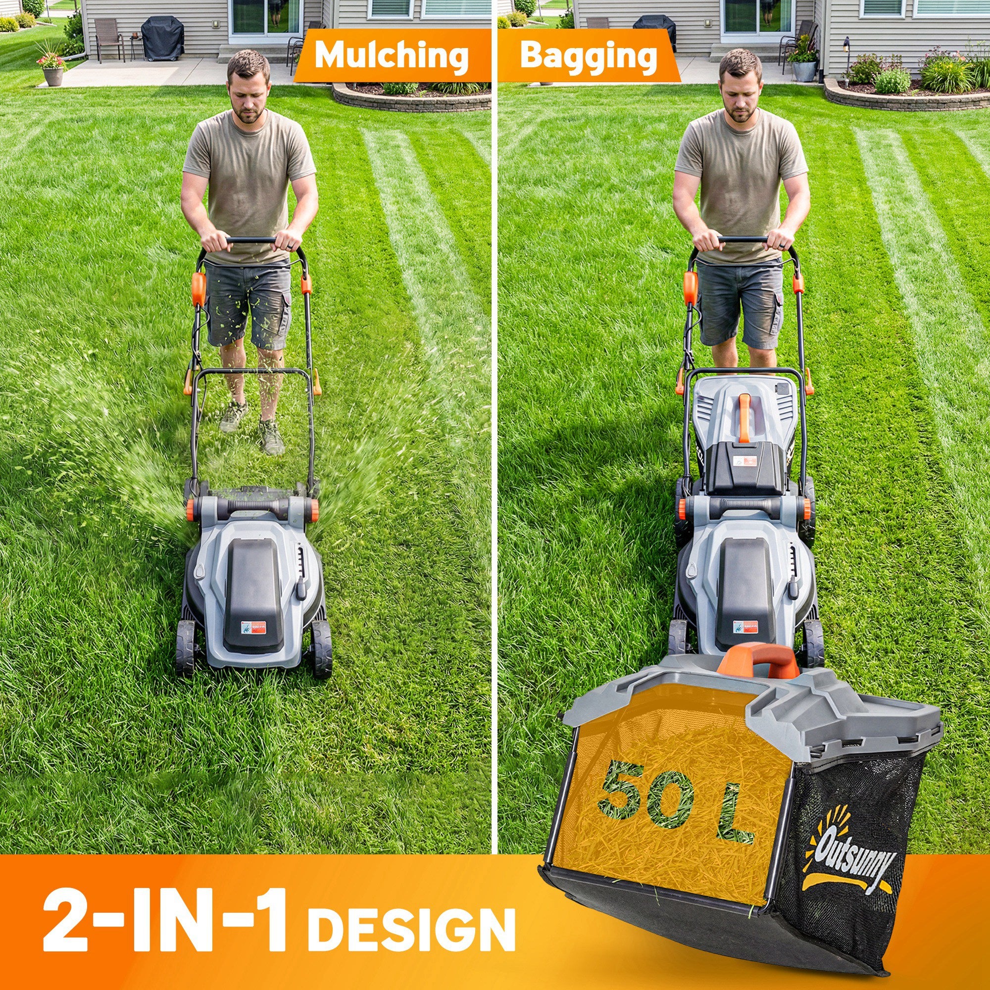 Outsunny 1800W Electric Lawnmower with 40cm Cutting Width, Mulching Feature, 50L Grass Collection Bag, 6 Cutting Heights 