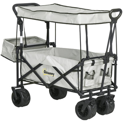 Outsunny Folding Trolley Cart Storage Wagon Beach Trailer 4 Wheels with Handle Overhead Canopy Cart Push Pull for Camping, Grey 
