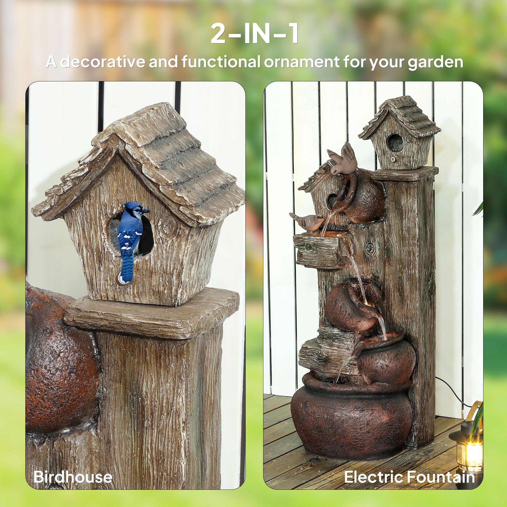 Outsunny 2-in-1 Waterfall Fountain with Birdhouse, Resin Garden Water Fountain with LED Lights Pump, Cascading Garden Water Feature with Tree Trunk Design, Multi-colour 