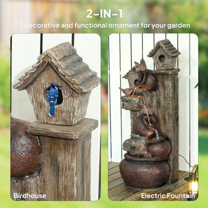Outsunny 2-in-1 Waterfall Fountain with Birdhouse, Resin Garden Water Fountain with LED Lights Pump, Cascading Garden Water Feature with Tree Trunk Design, Multi-colour 