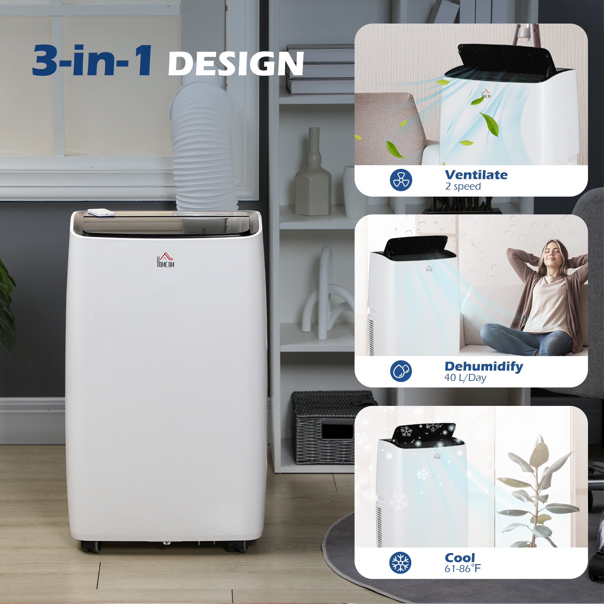 HOMCOM 14000 BTU Air Conditioning Unit, 3-in-1 Portable Air Conditioner, Dehumidifier, Cooling Fan with 3 Speeds, Remote Control, LED Display, 24H Timer, Window Venting Kit, Children Lock, 40m\'c2\'b2