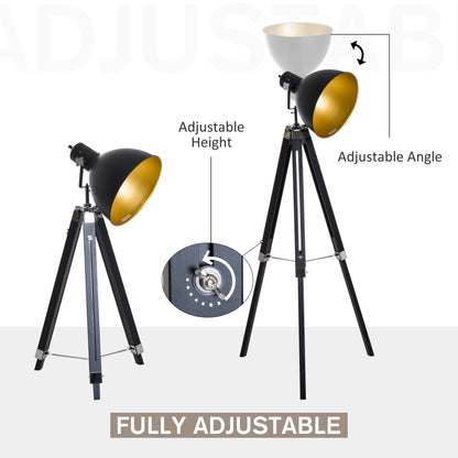 HOMCOM Tripod Floor Lamp, Spotlight Reading Lamp w/ Adjustable Height, Angle, Wood Legs for Living Room, Bedroom, Home, Office, Black and Gold 